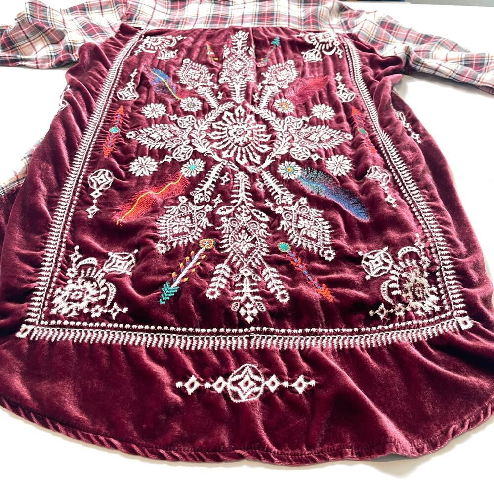 Johnny Was 3J Workshop Lorie Boho Plaid Button Down Embroidered Velvet Back Sz M - Picture 11 of 16